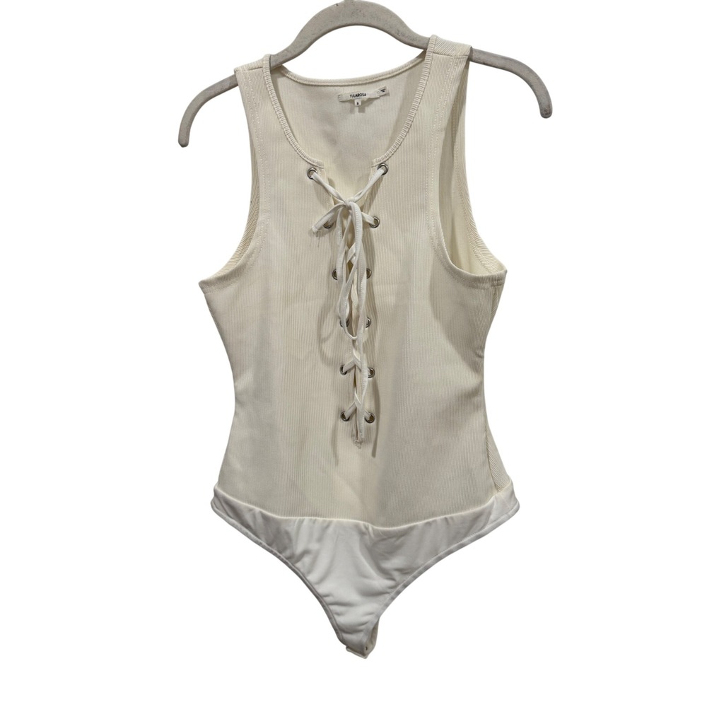 Tularosa Cream Ribbed Lace Up Front Bodysuit Small Off White Sleeveless Thong